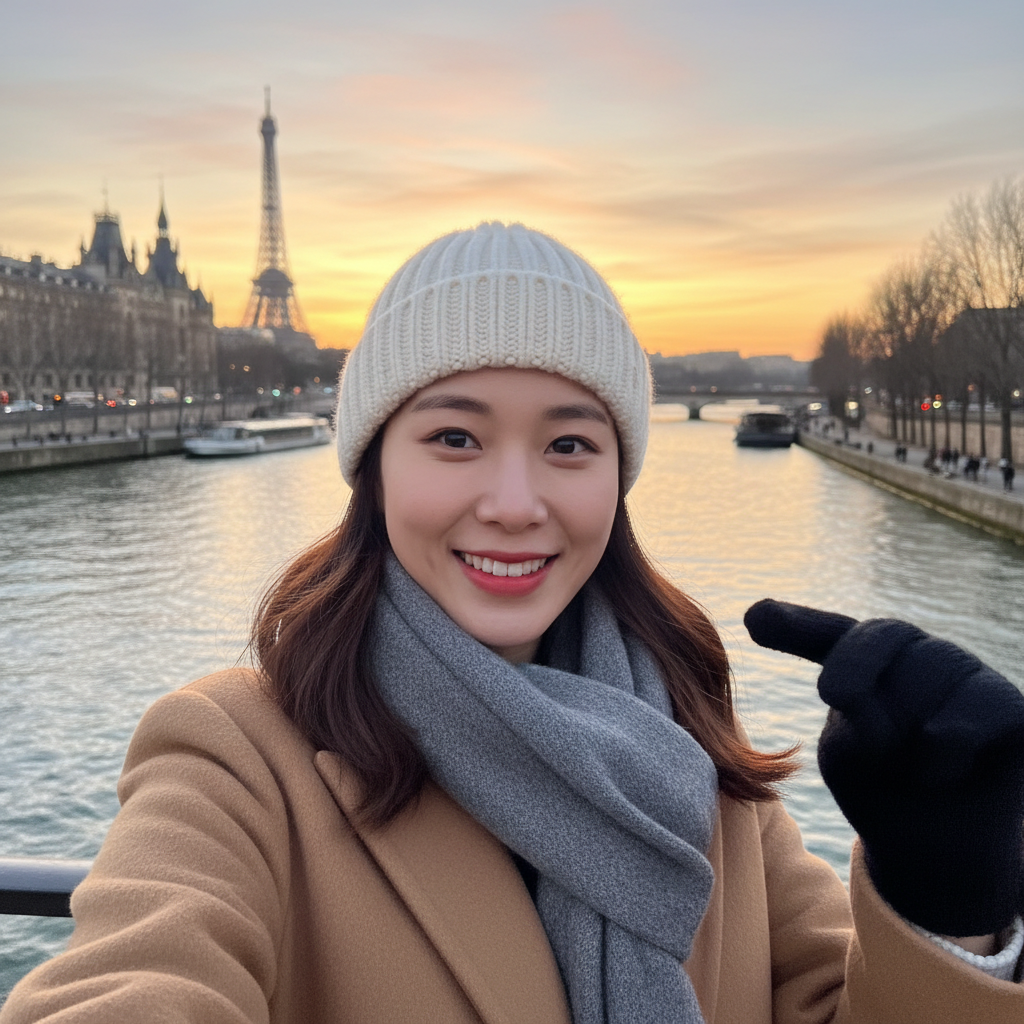 파리 센 강변 노을을 배경으로 한 셀카