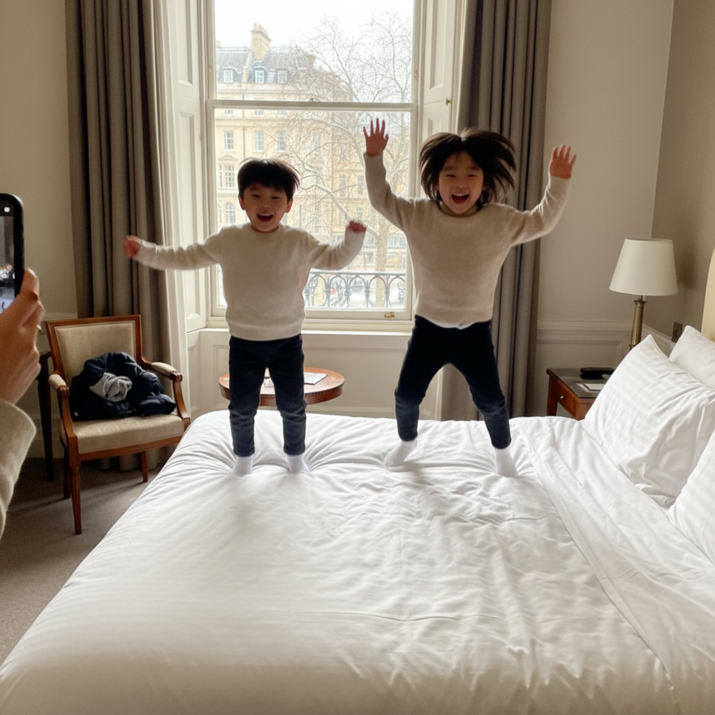 호텔 침대에서 신나게 점프하는 아이들