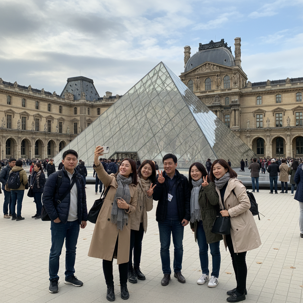 루브르 박물관의 유리 피라미드와 그 주변 풍경