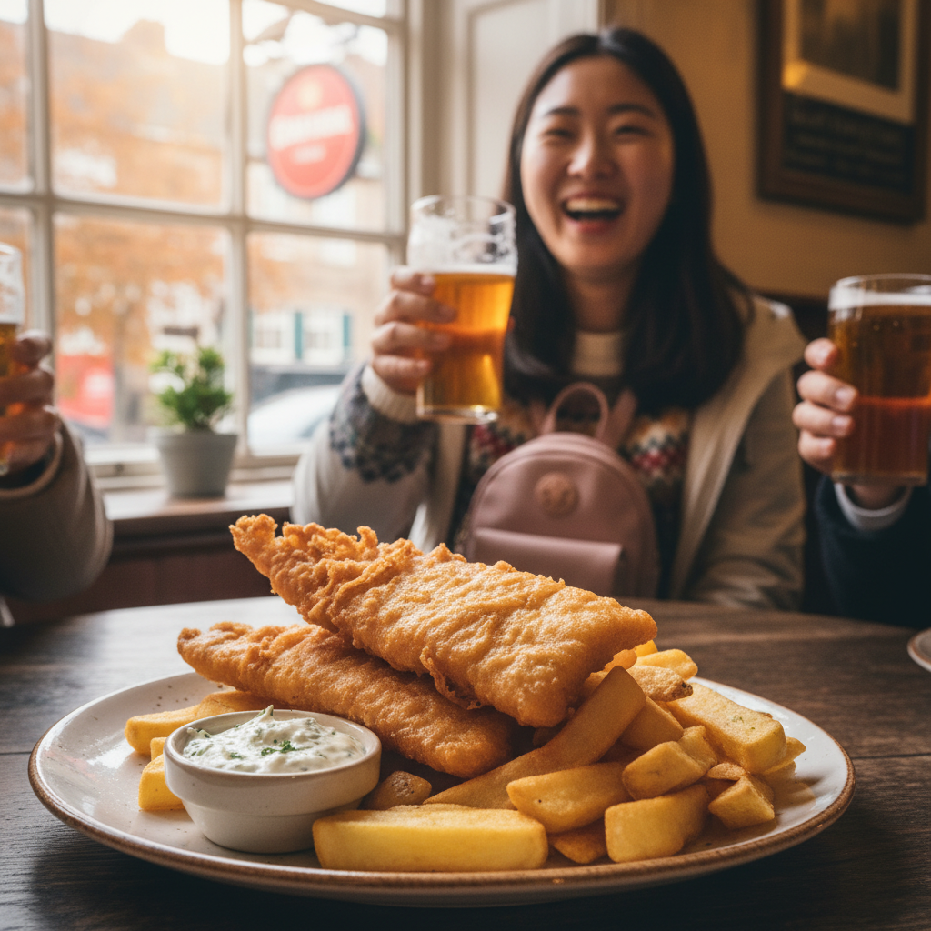 바삭하게 튀겨진 피시 앤 칩스와 타르타르 소스