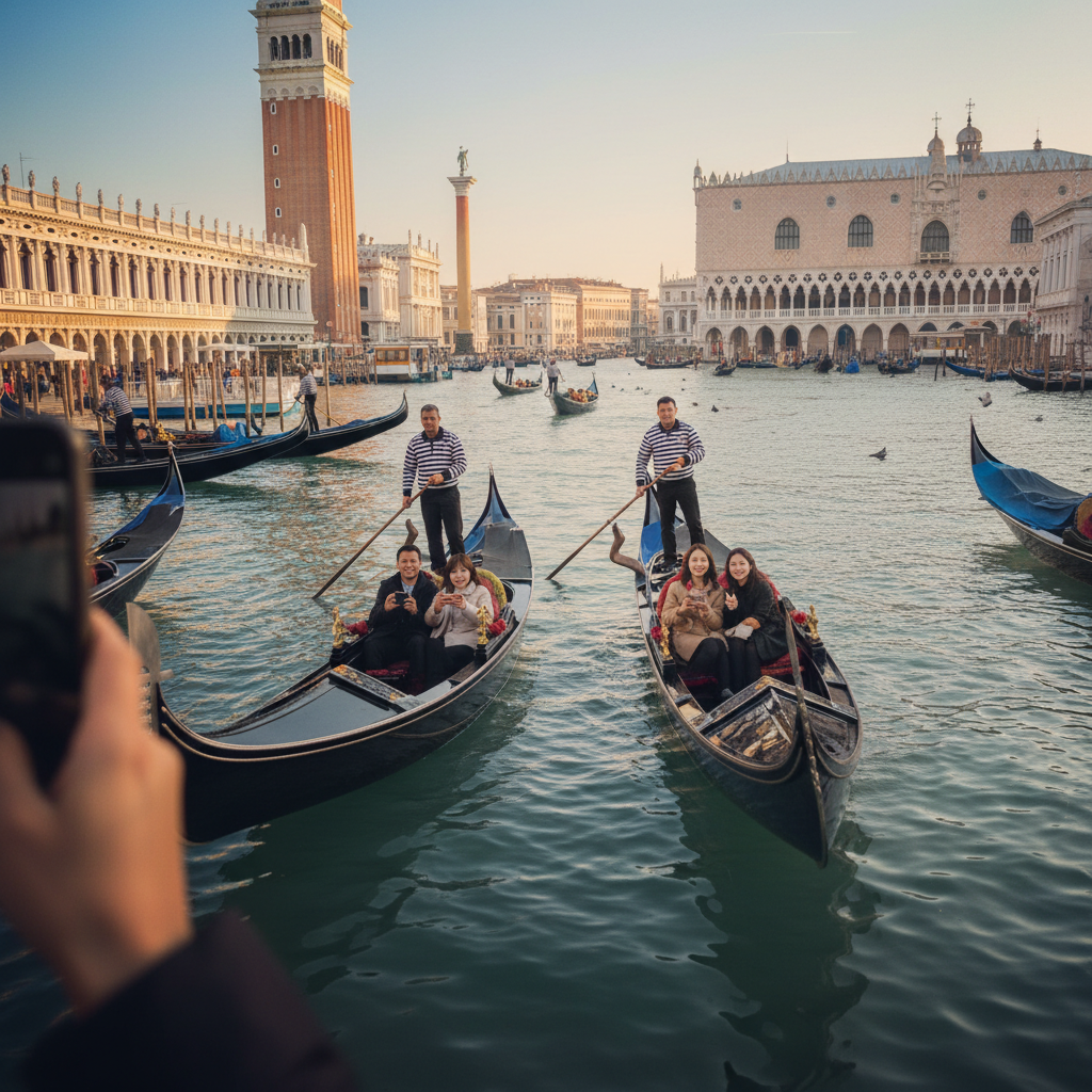 베니스 산 마르코 광장과 곤돌라가 있는 수로 풍경