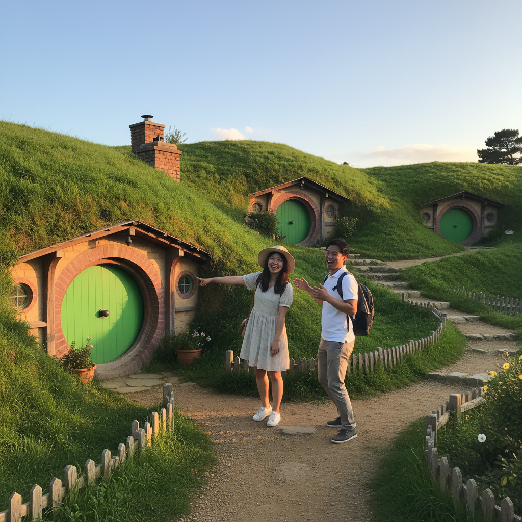 호비튼 마을의 초록색 둥근 문이 있는 호빗 집들