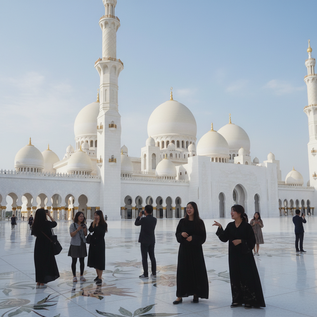 셰이크 자이드 그랜드 모스크의 웅장한 외부 전경