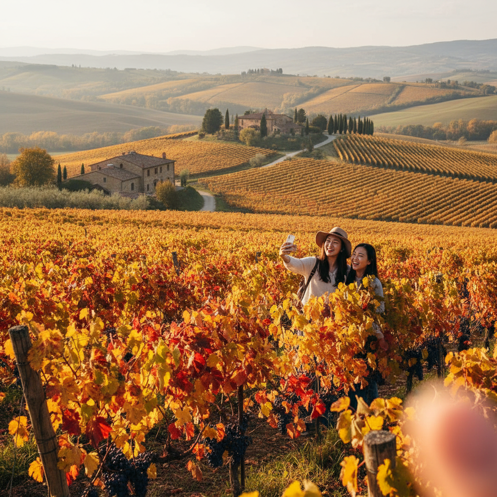 토스카나 지역의 와인농장과 가을 포도밭 풍경