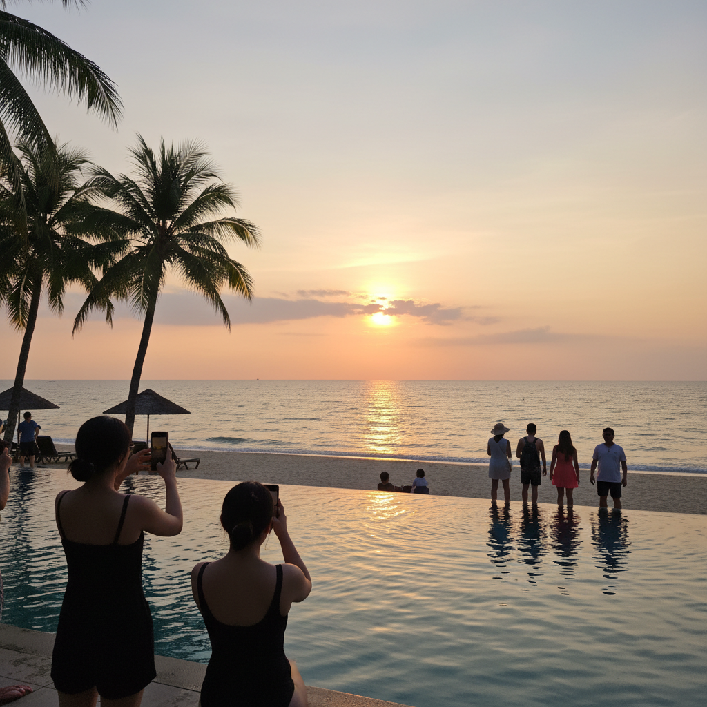 코타키나발루 해변의 일몰 전경