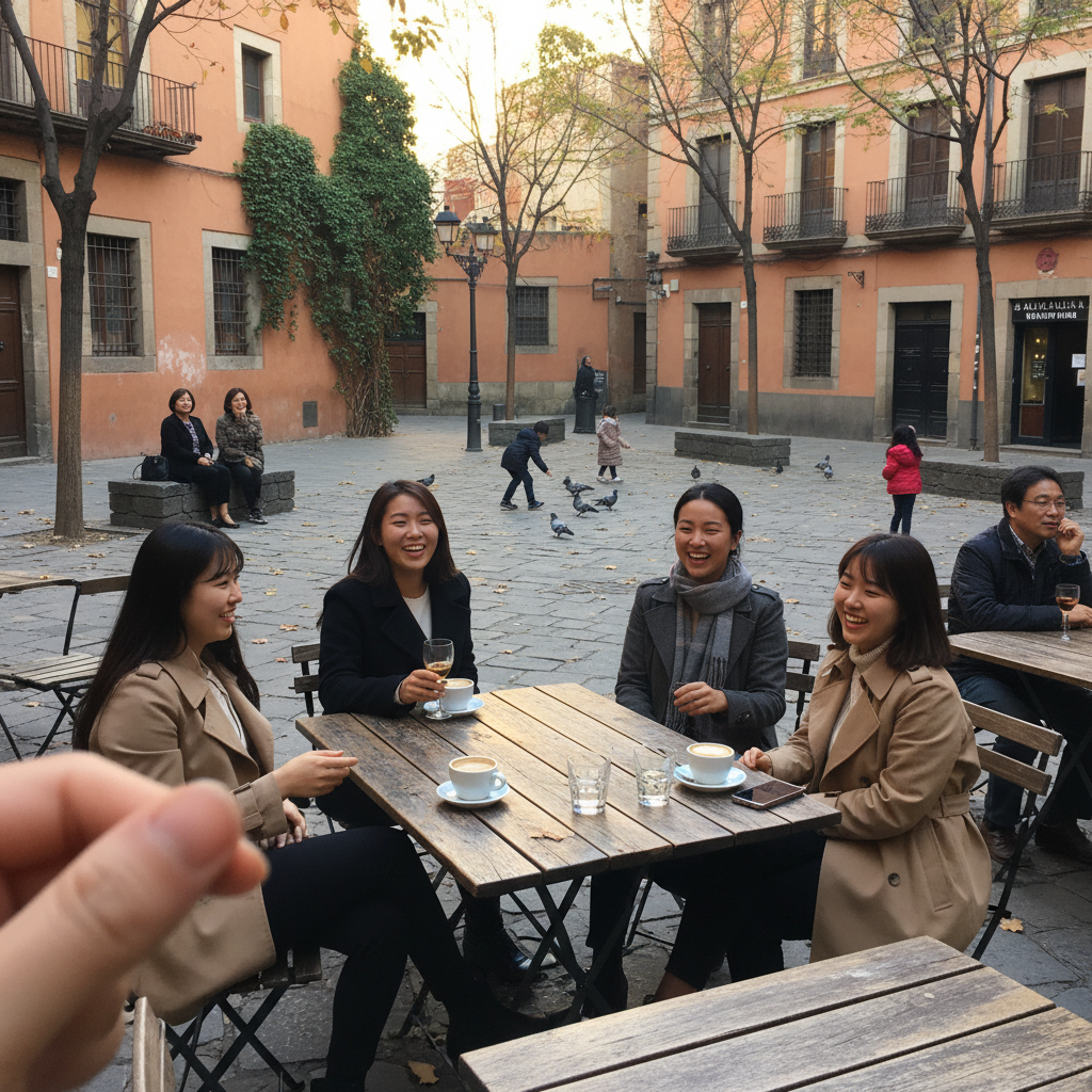 바르셀로나의 숨겨진 작은 광장에서 현지인들이 어울리는 모습