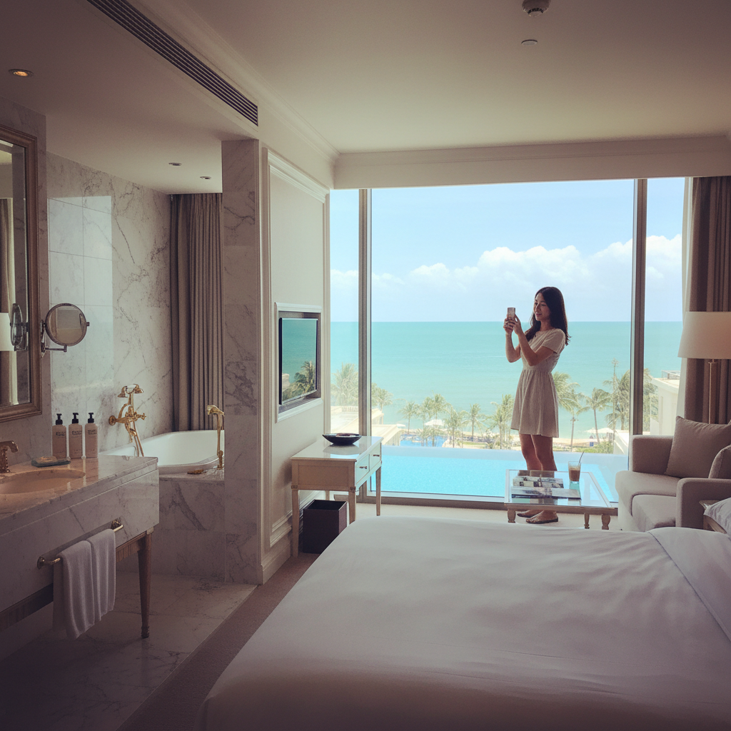 호텔 스위트룸 내부와 오션뷰