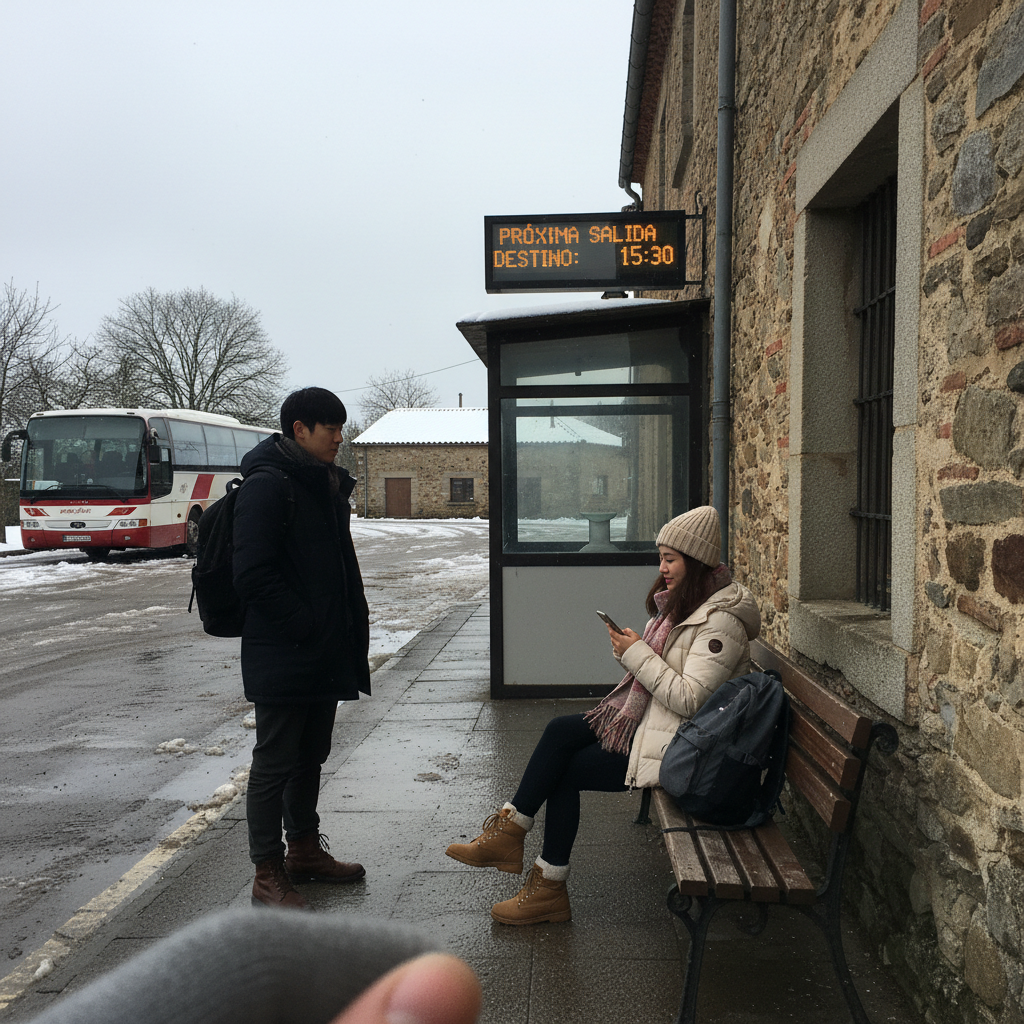 스페인 시골 버스 터미널에서 다음 차를 기다리는 모습