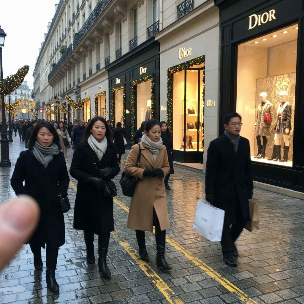 파리 몽테뉴 거리의 화려한 명품 부티크 쇼윈도와 거리를 걷는 세련된 사람들