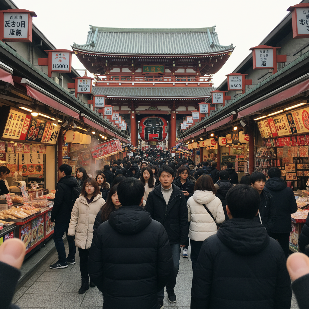 아사쿠사 센소지 사원의 붉은 등과 활기찬 나카미세도리 거리