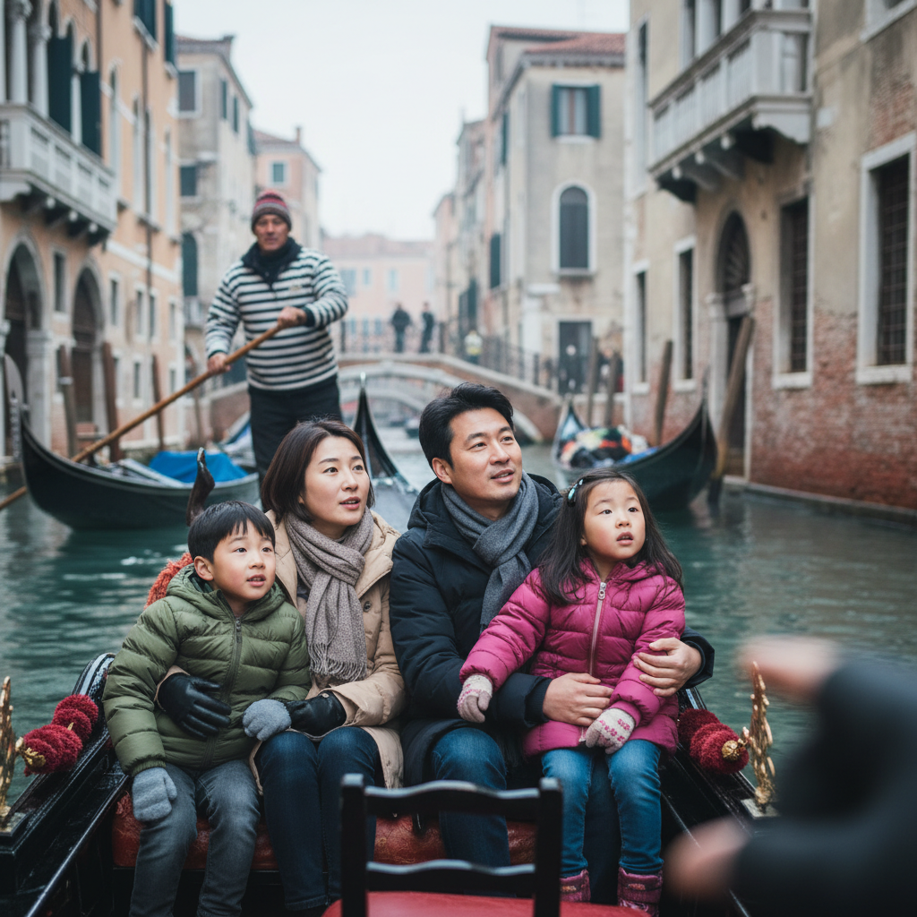 곤돌라에 나란히 앉아 신기한 표정으로 주변을 구경하는 아이들과 부모님