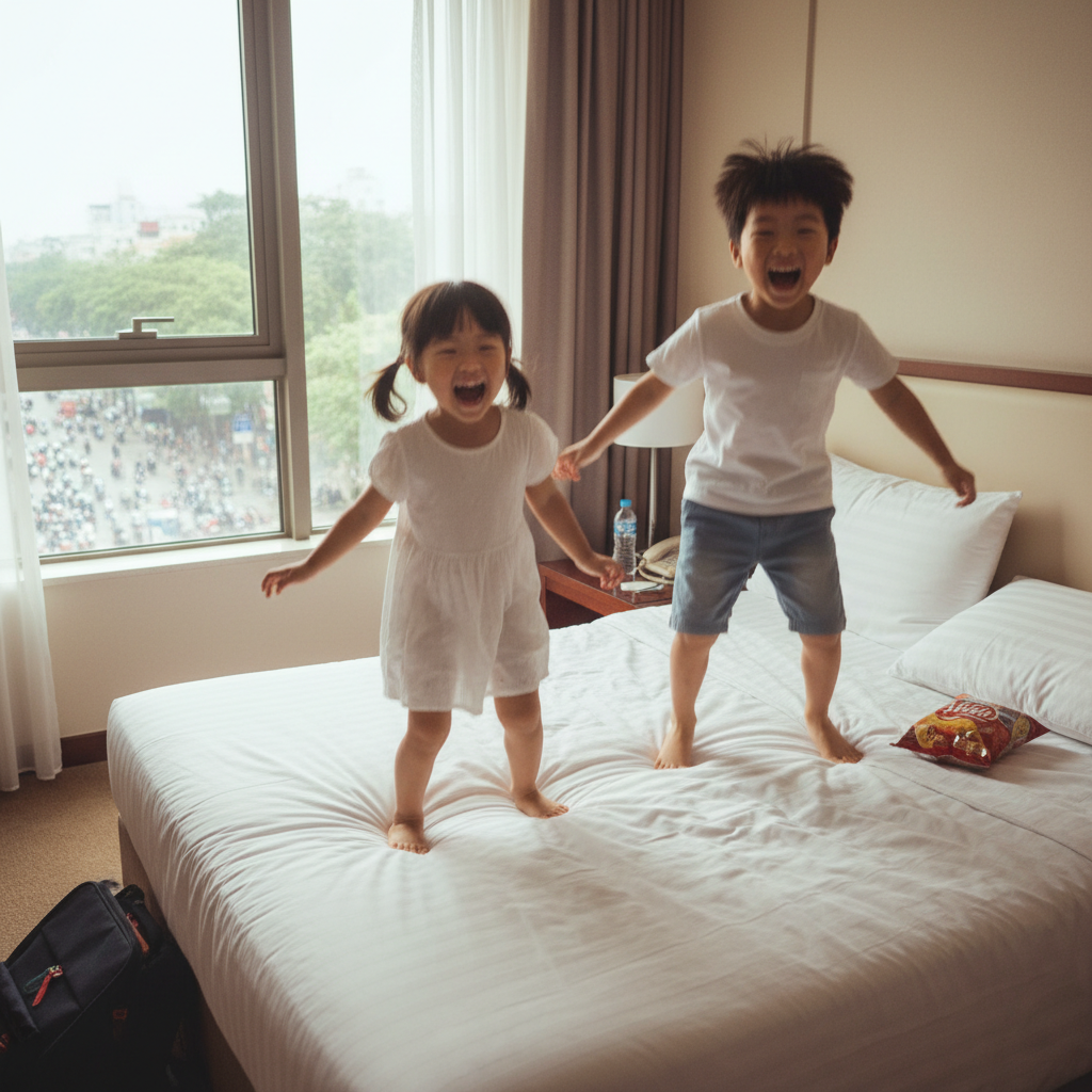 호텔 침대 위에서 환하게 웃으며 점프하는 아이들