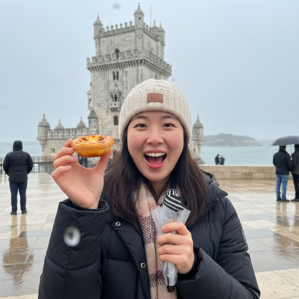 리스본 벨렘탑 앞에서 에그타르트(파스텔 드 나타)를 들고 찍은 인증샷