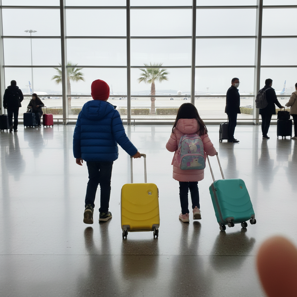 공항에서 캐리어를 끌고 신나게 걸어가는 두 아이의 뒷모습