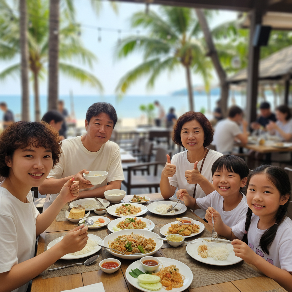 레스토랑에서 맛있게 밥을 먹고 있는 가족의 모습