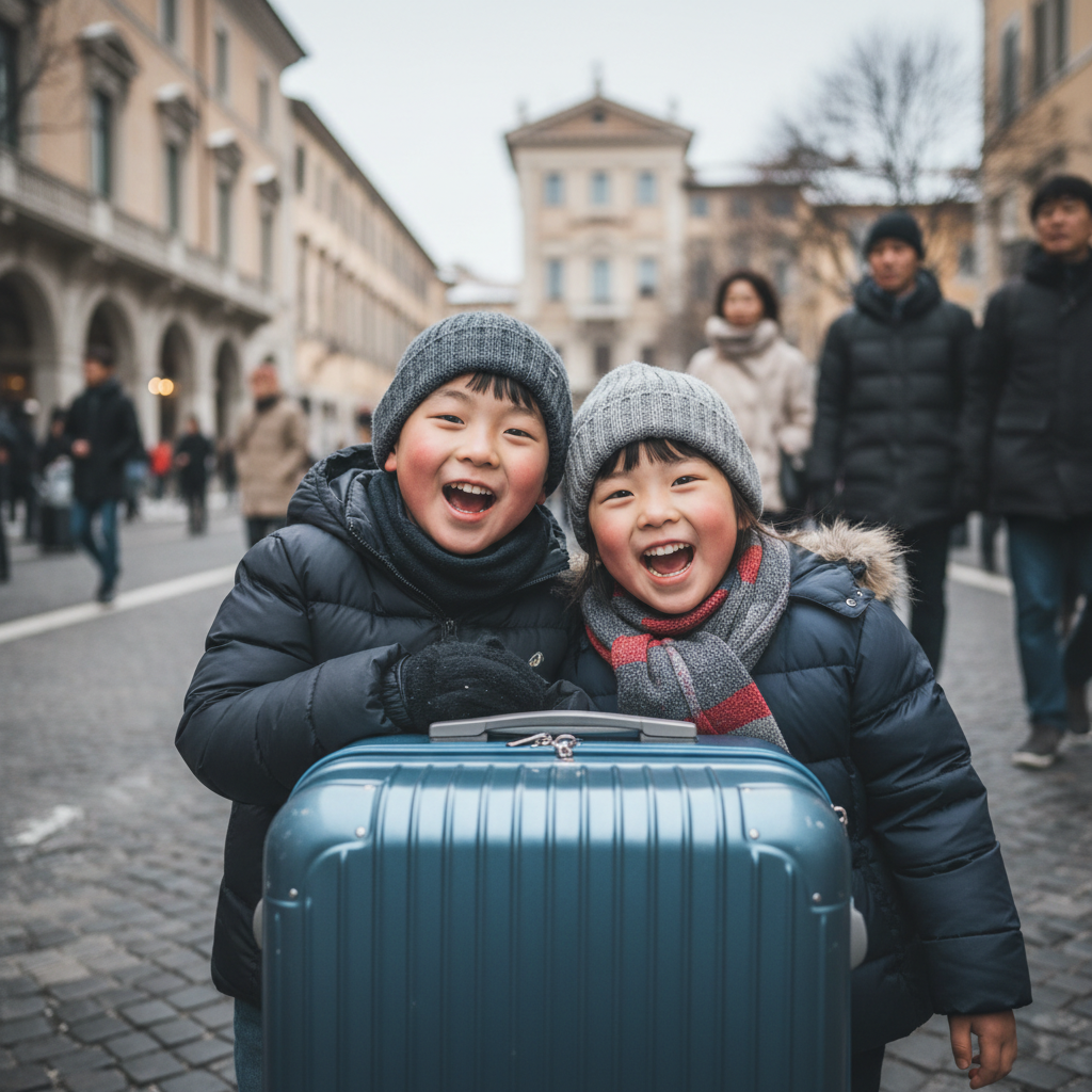 캐리어 옆에 찰싹 붙어 신나게 웃고 있는 아이들 모습