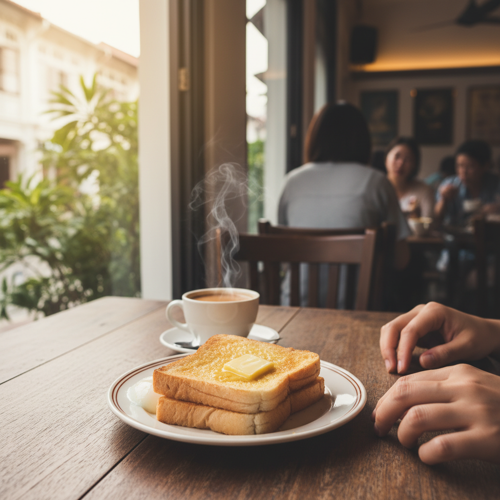 카페에서 즐기는 카야 토스트와 커피, 따뜻한 조명 아래 김이 모락모락 나는 여유로운 아침 식사 풍경