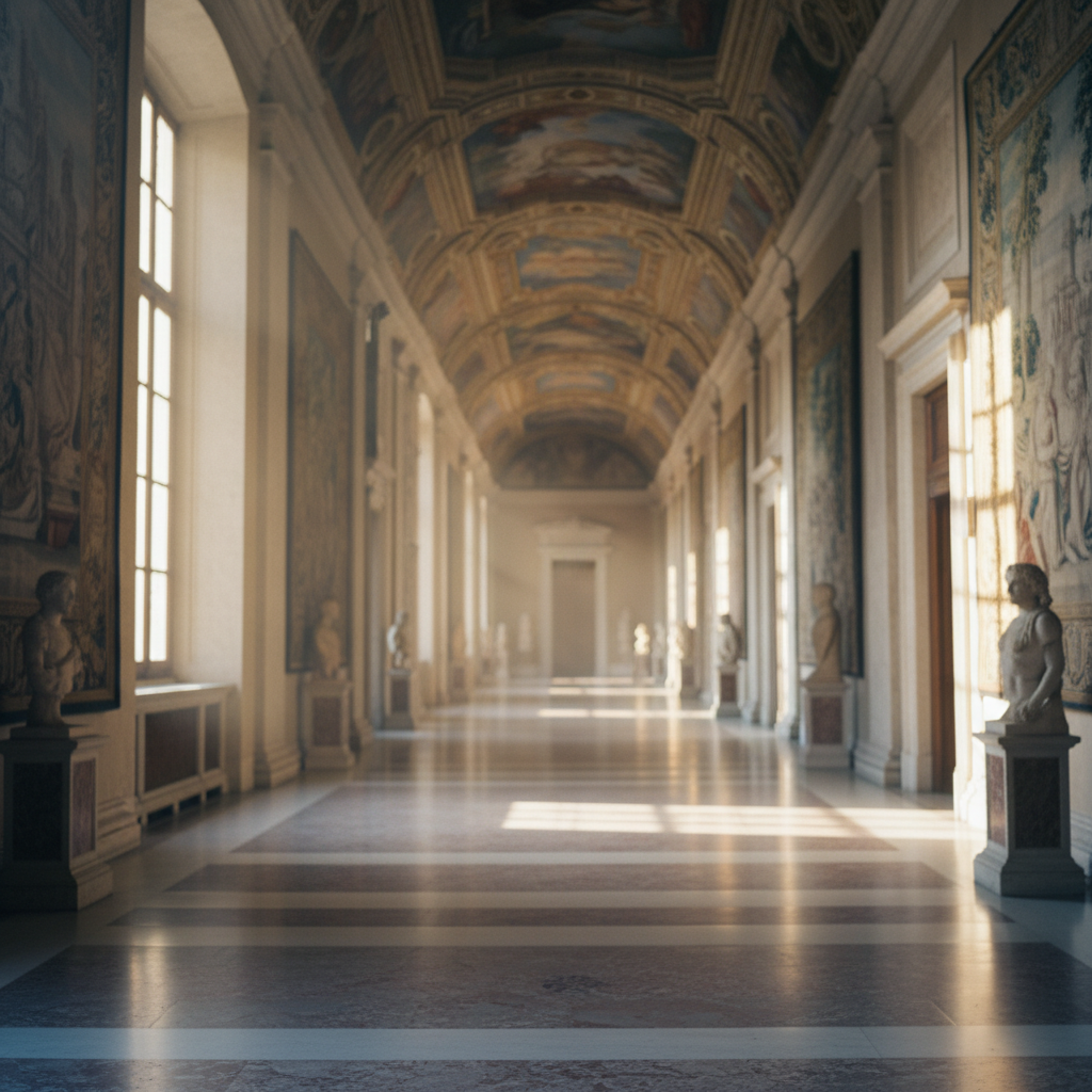 인적이 없는 이른 아침, 햇살이 비치는 바티칸 박물관의 긴 복도