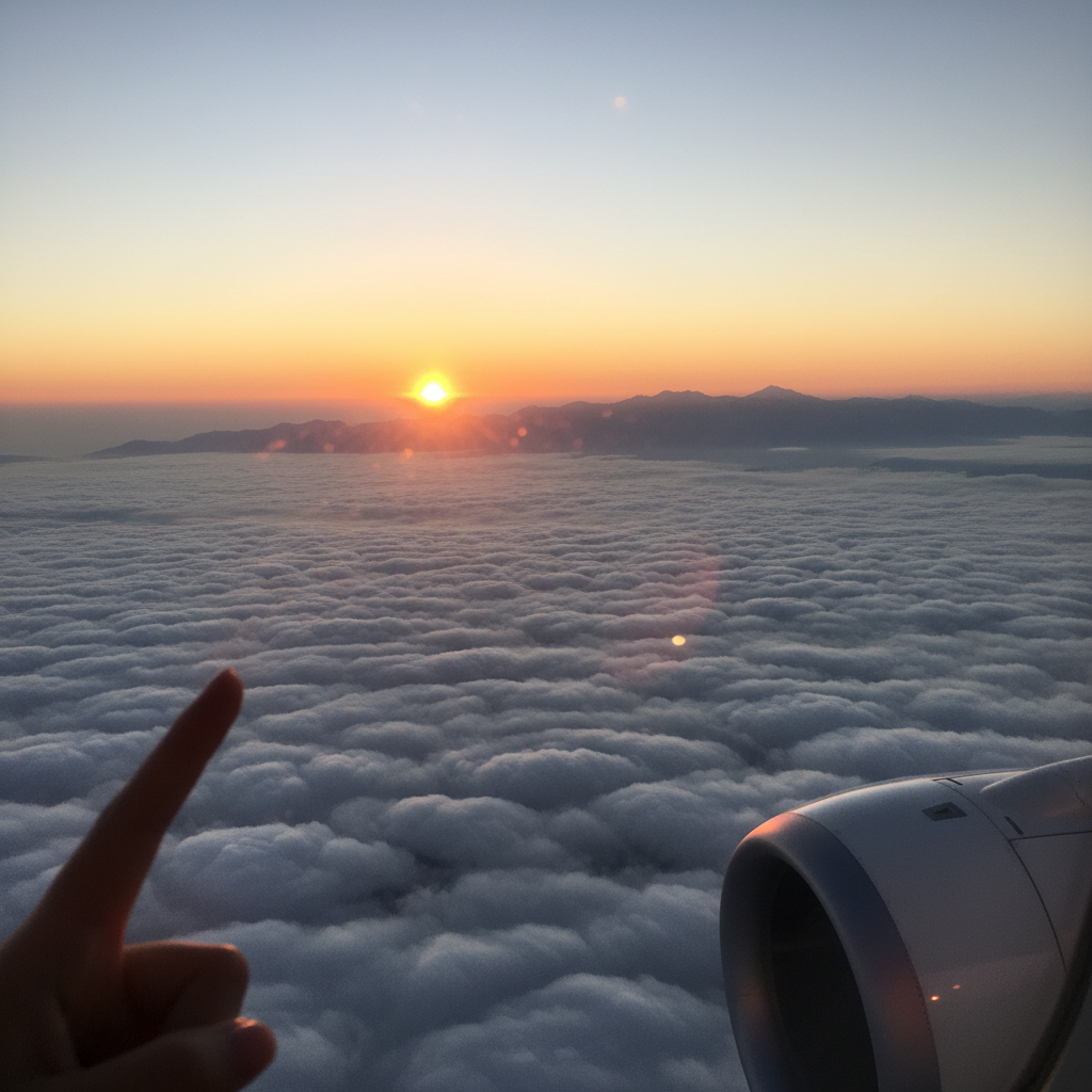 비행기 창밖으로 보이는 구름과 일출