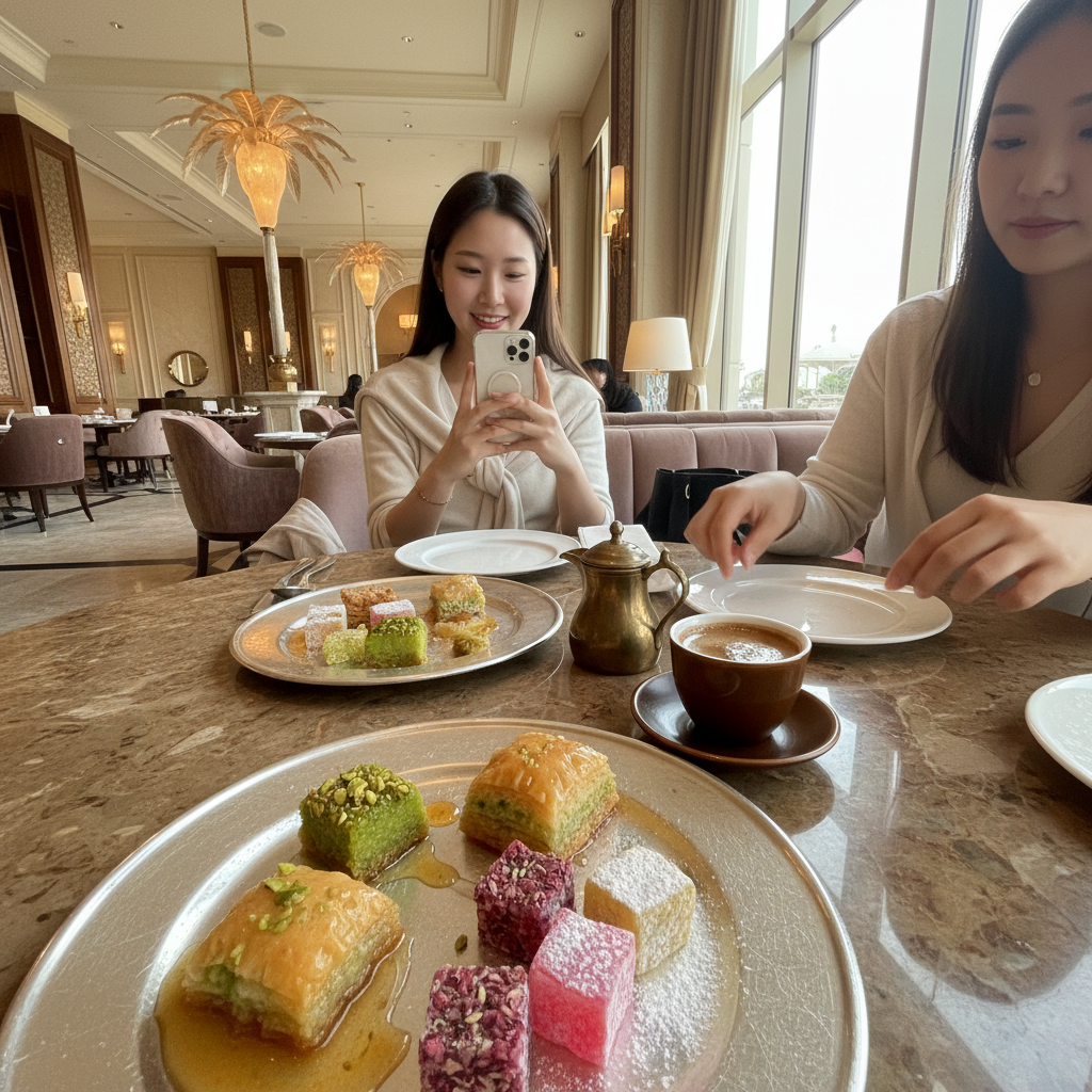 호텔 레스토랑에서 맛본 화려한 색감의 아랍식 디저트와 커피