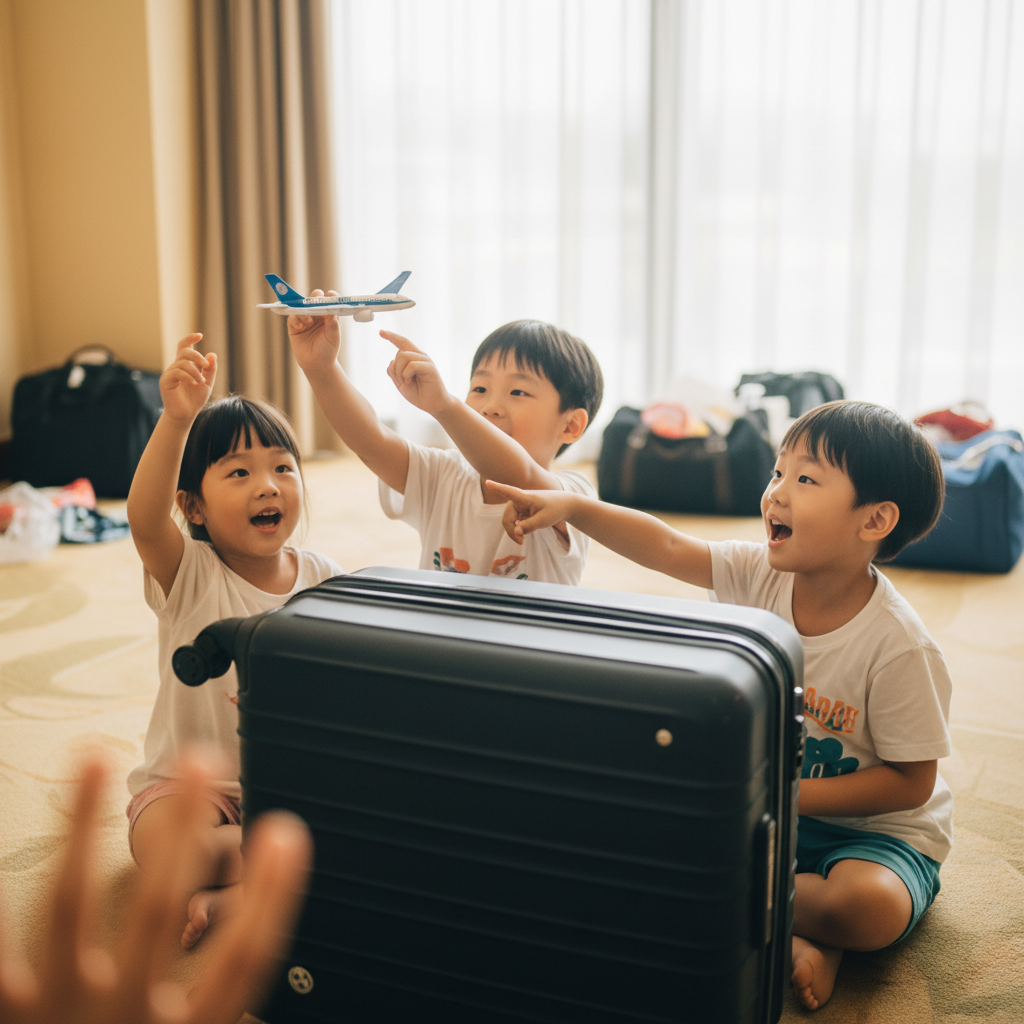 캐리어 옆에 옹기종기 모여 앉아 장난감 비행기를 들고 있는 아이들