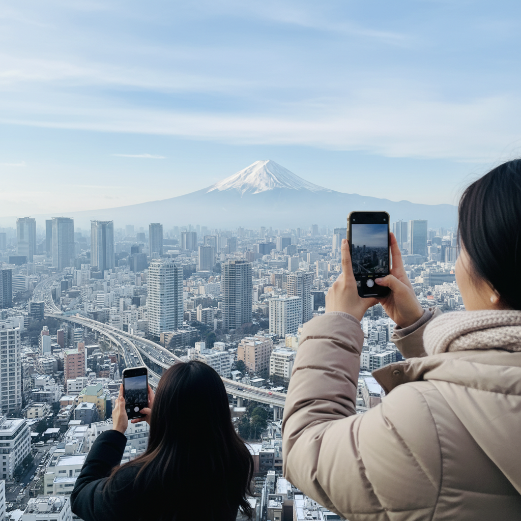 눈 덮인 후지산을 배경으로 한 도쿄 시내 전경