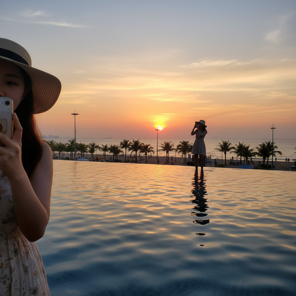 수영장에서 바라본 다낭 미케 해변의 일몰