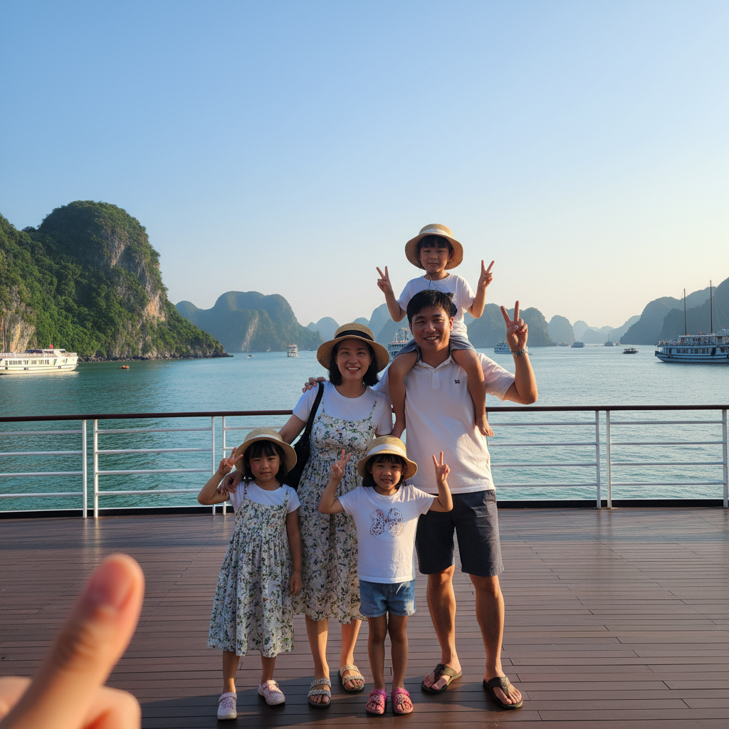 하롱베이 크루즈 갑판에서 바다를 배경으로 포즈를 취하고 있는 가족