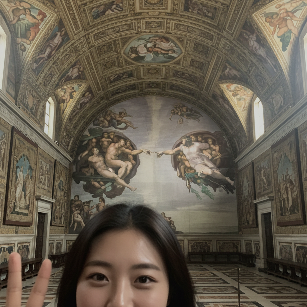 이른 아침, 인파 없이 한적한 바티칸 시스티나 성당 내부의 '천지창조' 프레스코화