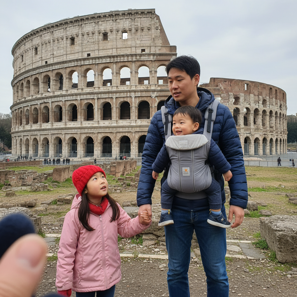 콜로세움 배경으로 아빠 손을 잡고 신기하게 쳐다보는 아이들