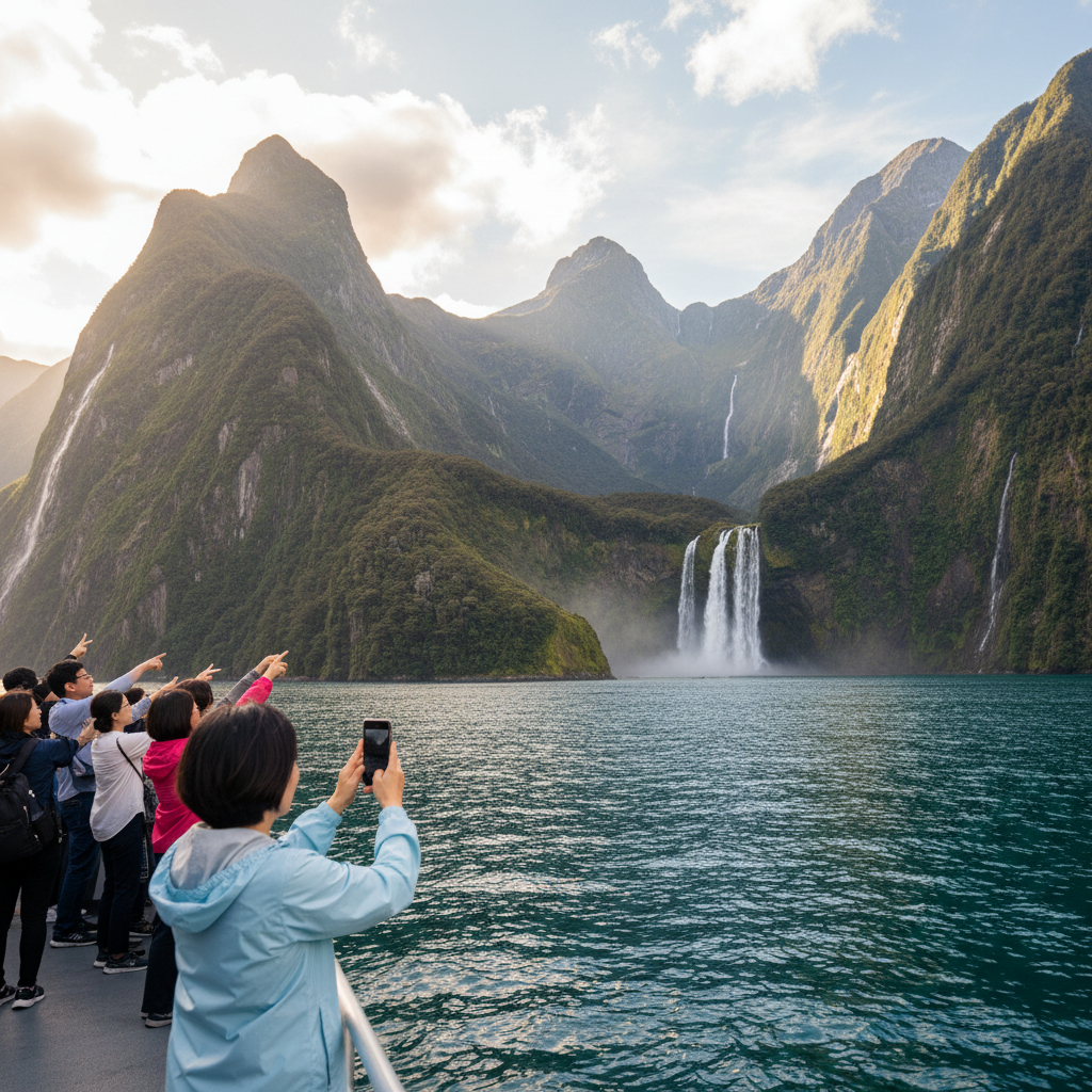 밀포드 사운드의 웅장한 피오르드와 폭포 전경