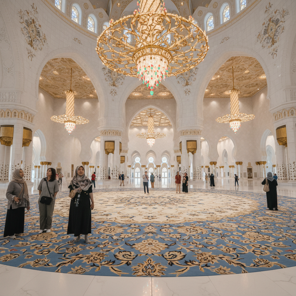 셰이크 자이드 그랜드 모스크의 화려하고 웅장한 내부, 거대한 샹들리에와 정교한 카펫이 보이는 구도