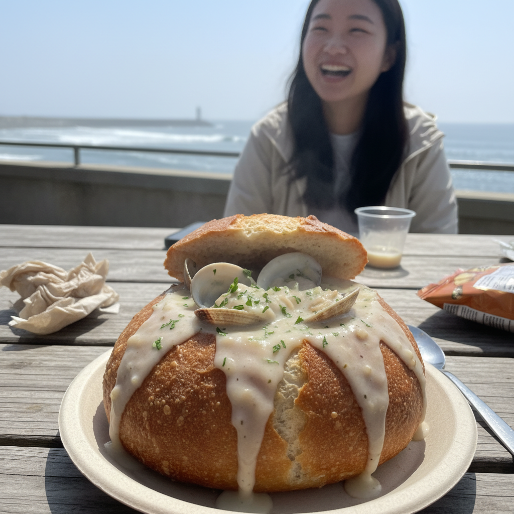 사워도우 브레드 볼에 담긴 크리미한 클램 차우더