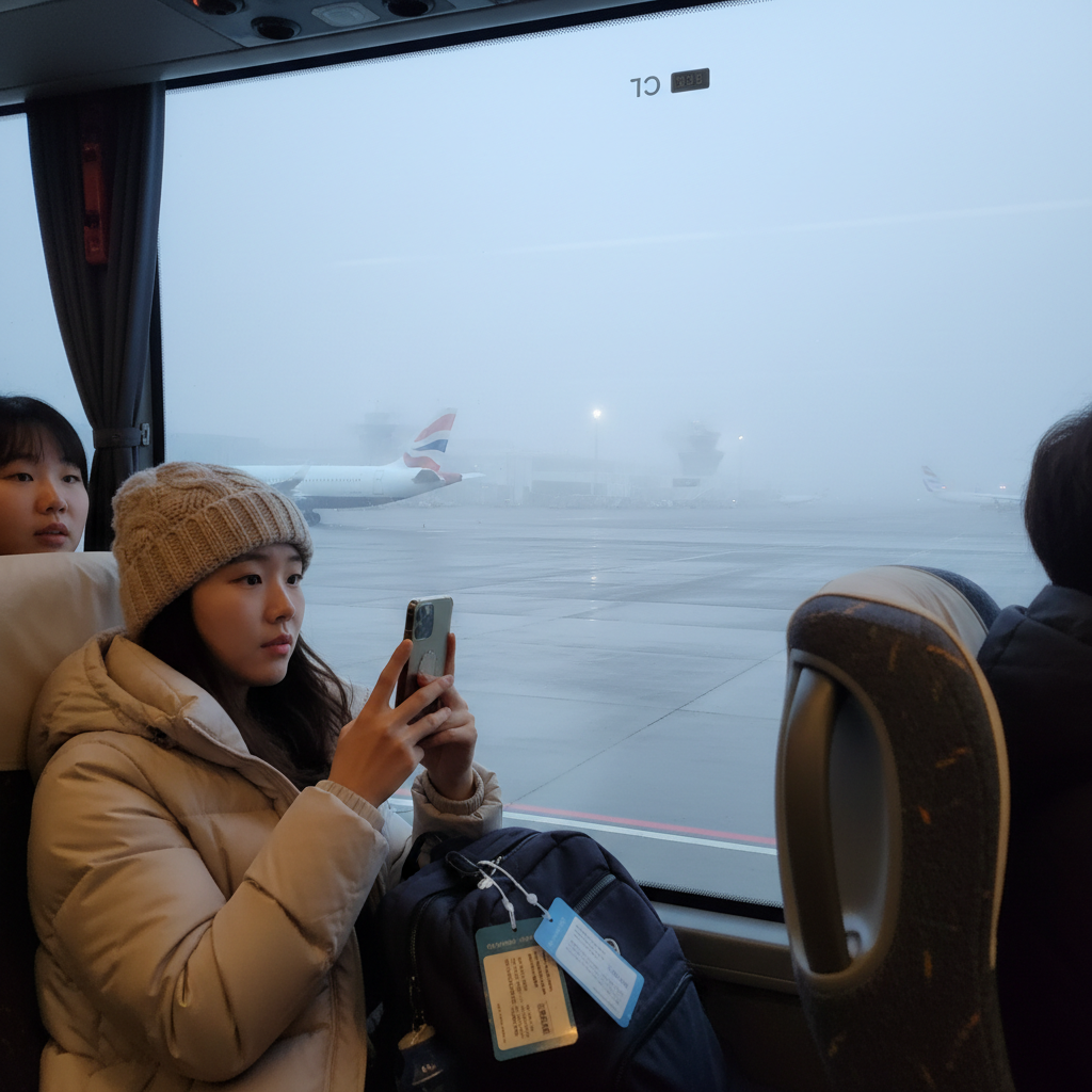 안개 낀 새벽의 런던 히드로 공항