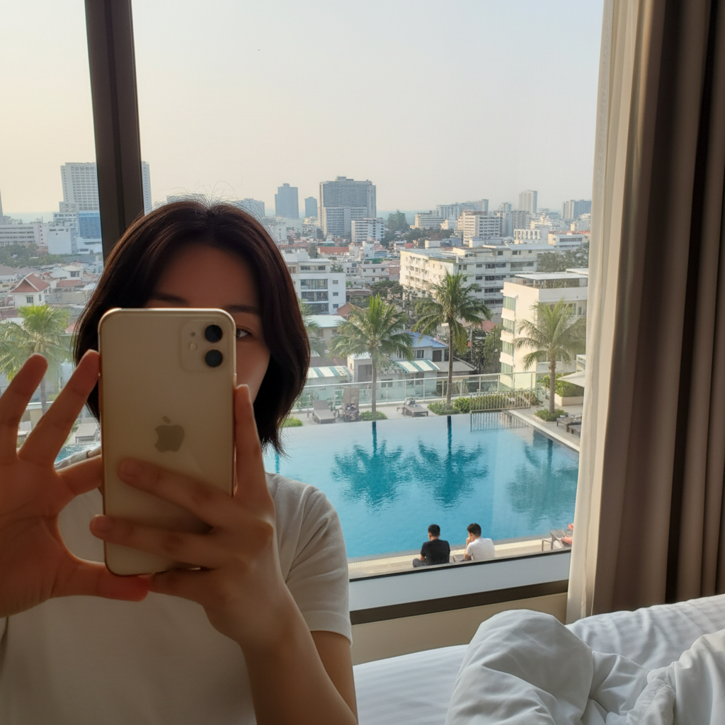 호텔 방 창문으로 보이는 파타야 전경과 수영장