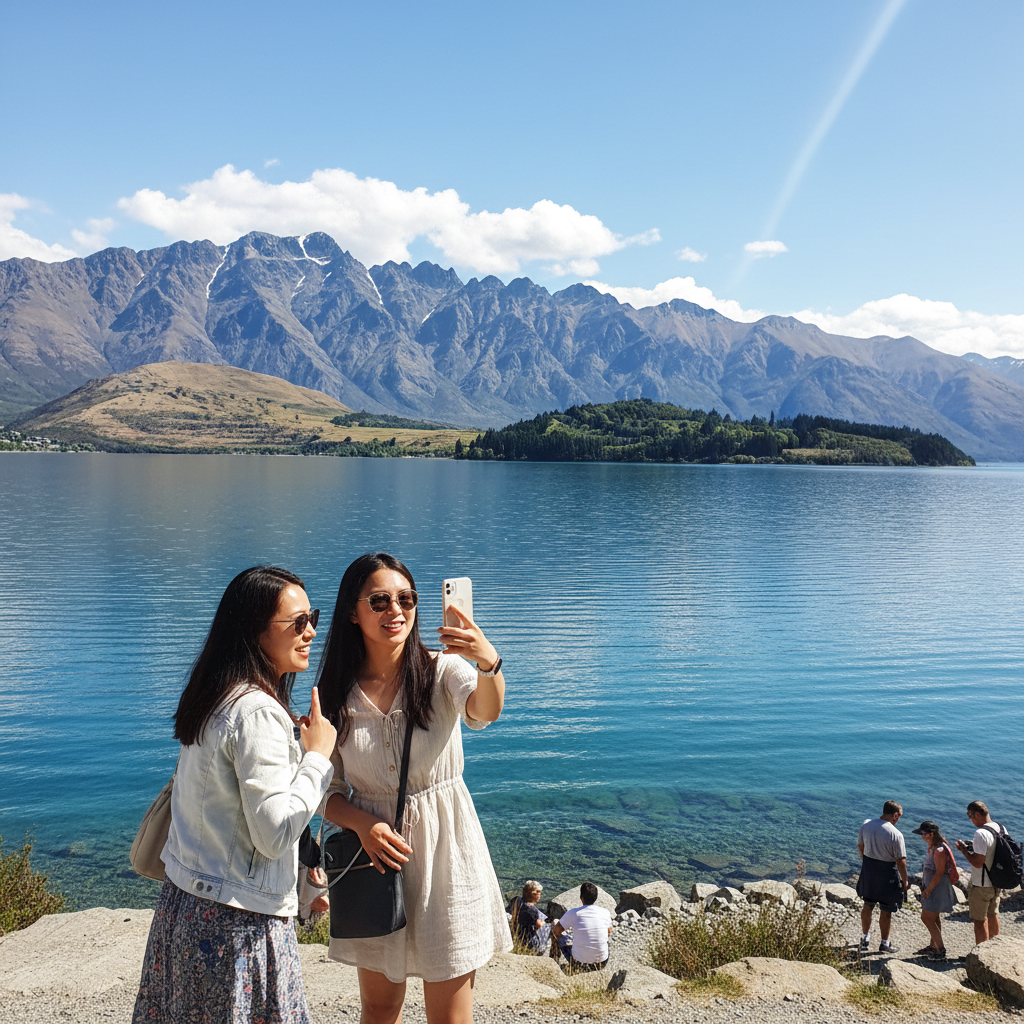 퀸스타운 와카티푸 호수와 주변 산맥이 어우러진 풍경