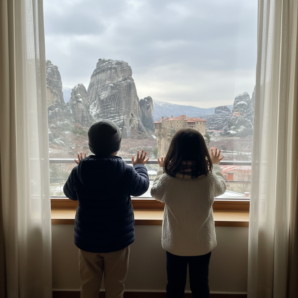 호텔 방 창가에 서서 바깥 풍경을 구경하는 아이들의 뒷모습