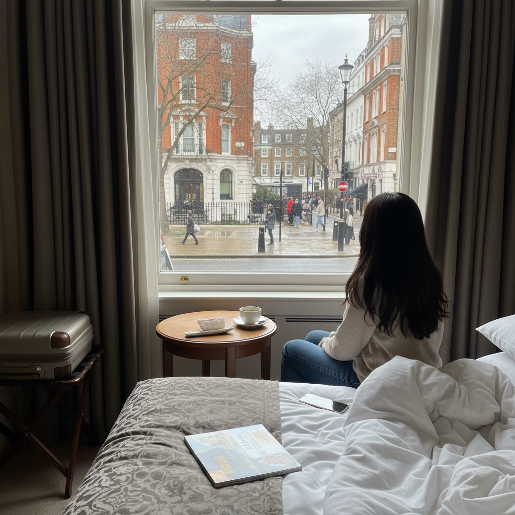 런던의 아늑한 호텔 방 창가