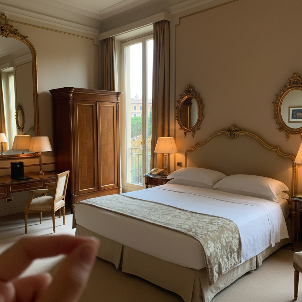 금빛 포인트가 들어간 클래식한 가구와 킹사이즈 침대가 놓인 고급 호텔 객실