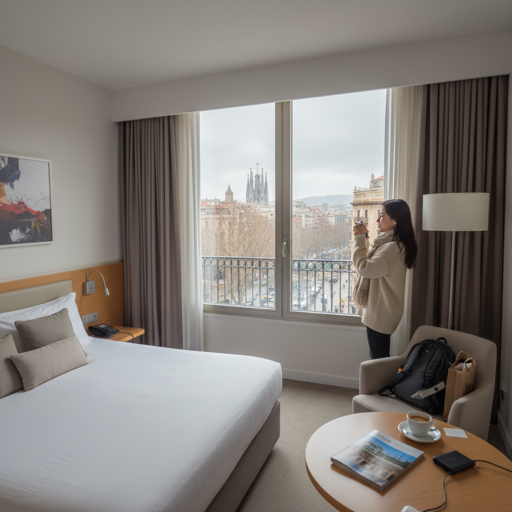 깔끔한 바르셀로나 호텔 방 내부와 창밖 풍경