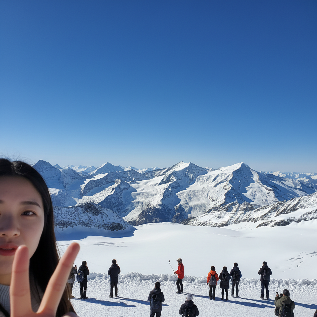 스위스 융프라우의 설경과 푸른 하늘이 어우러진 파노라마 전경