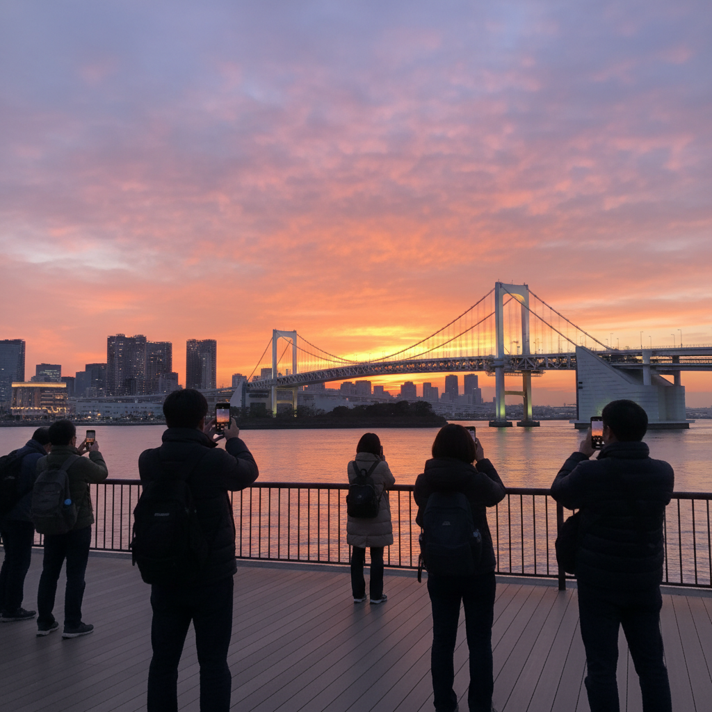 해 질 녘 노을과 함께 빛나는 오다이바 레인보우 브릿지 야경