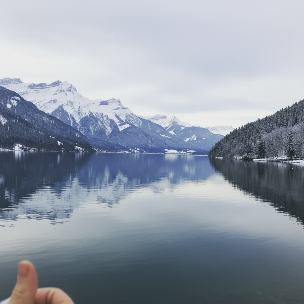 눈 덮인 스위스 산을 배경으로 한 고요한 루체른 호수의 겨울 전경