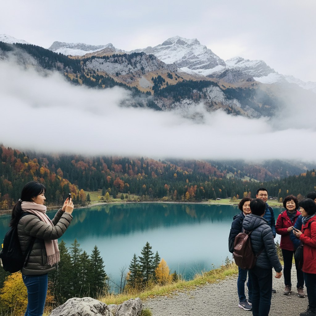 안개 낀 스위스 산맥과 푸른 호수가 어우러진 우아한 전경