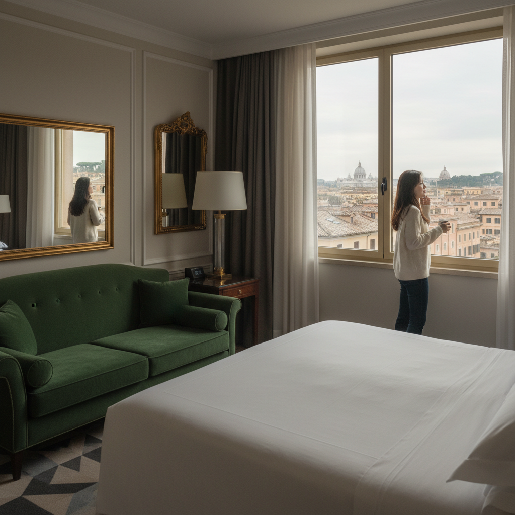 킹사이즈 침대와 벨벳 소파가 놓여있고, 창밖으로 로마의 돔 지붕이 보이는 럭셔리 호텔 스위트룸