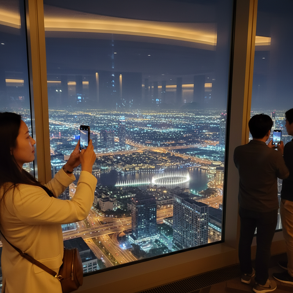 버즈 칼리파 전망대에서 내려다본 두바이의 화려한 야경, 도시의 불빛들이 별처럼 반짝이는 모습