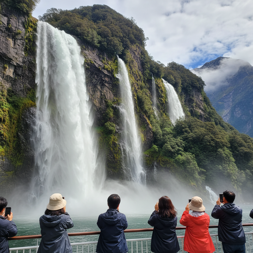 밀포드 사운드 크루즈에서 바라본 거대한 폭포