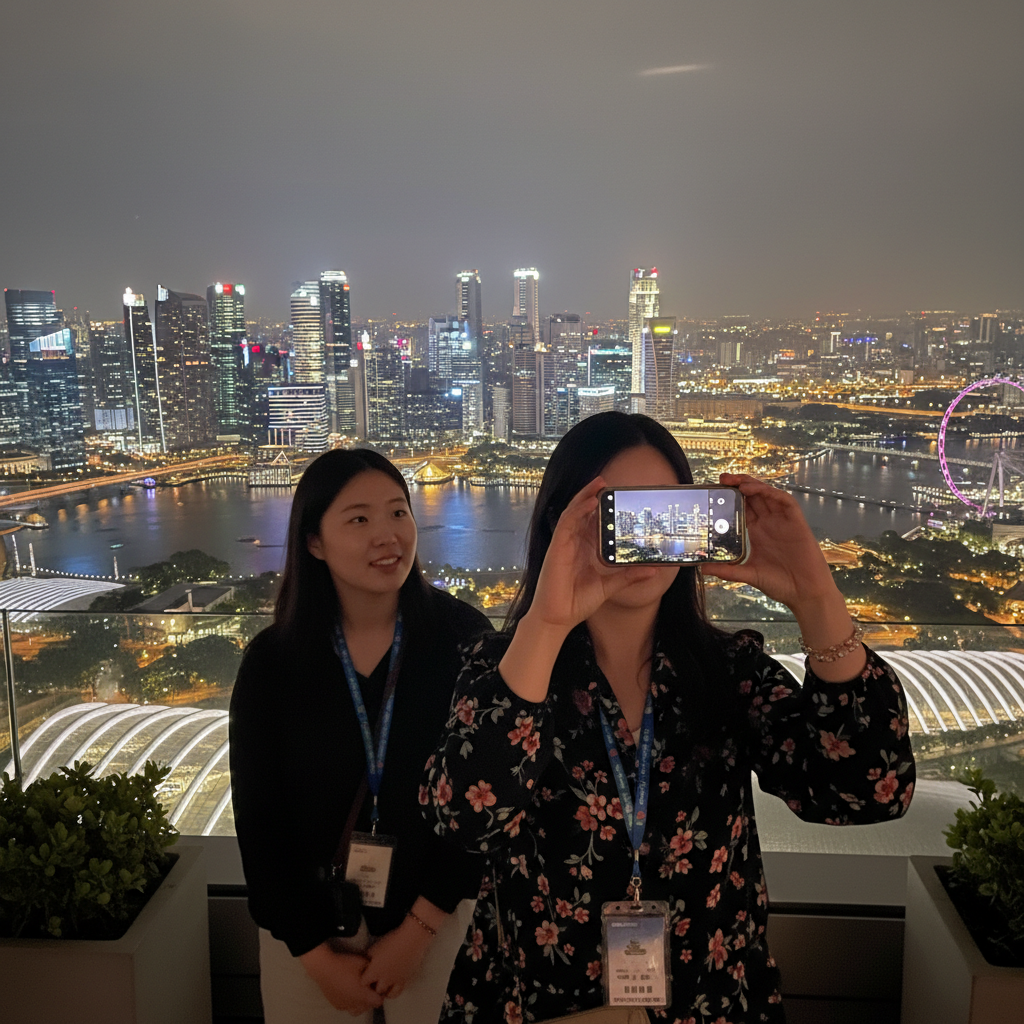 마리나 베이 샌즈 스카이파크에서 내려다본 싱가포르의 화려한 야경, 도시의 불빛들이 보석처럼 반짝이는 모습