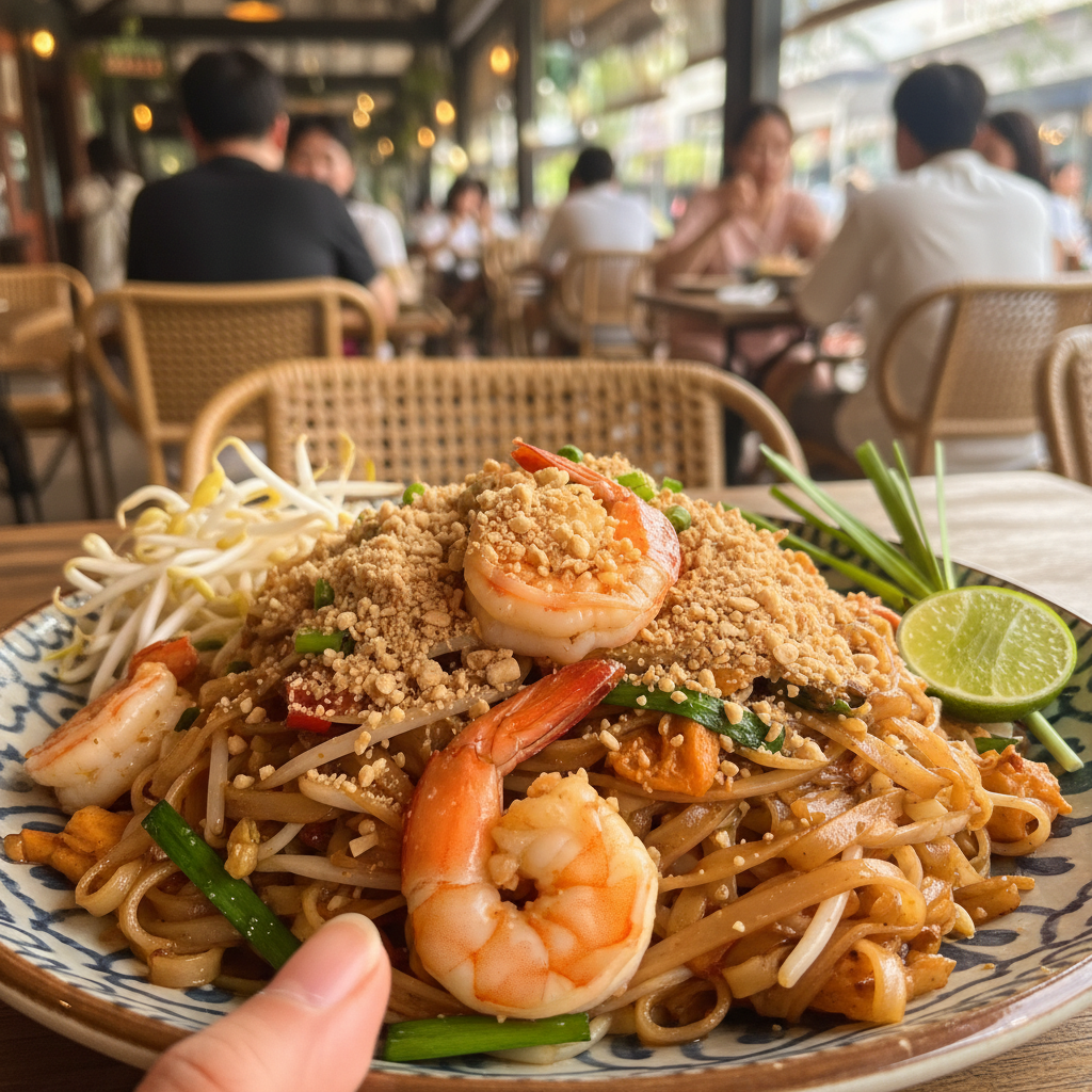 새우와 야채가 듬뿍 들어간 먹음직스러운 팟타이