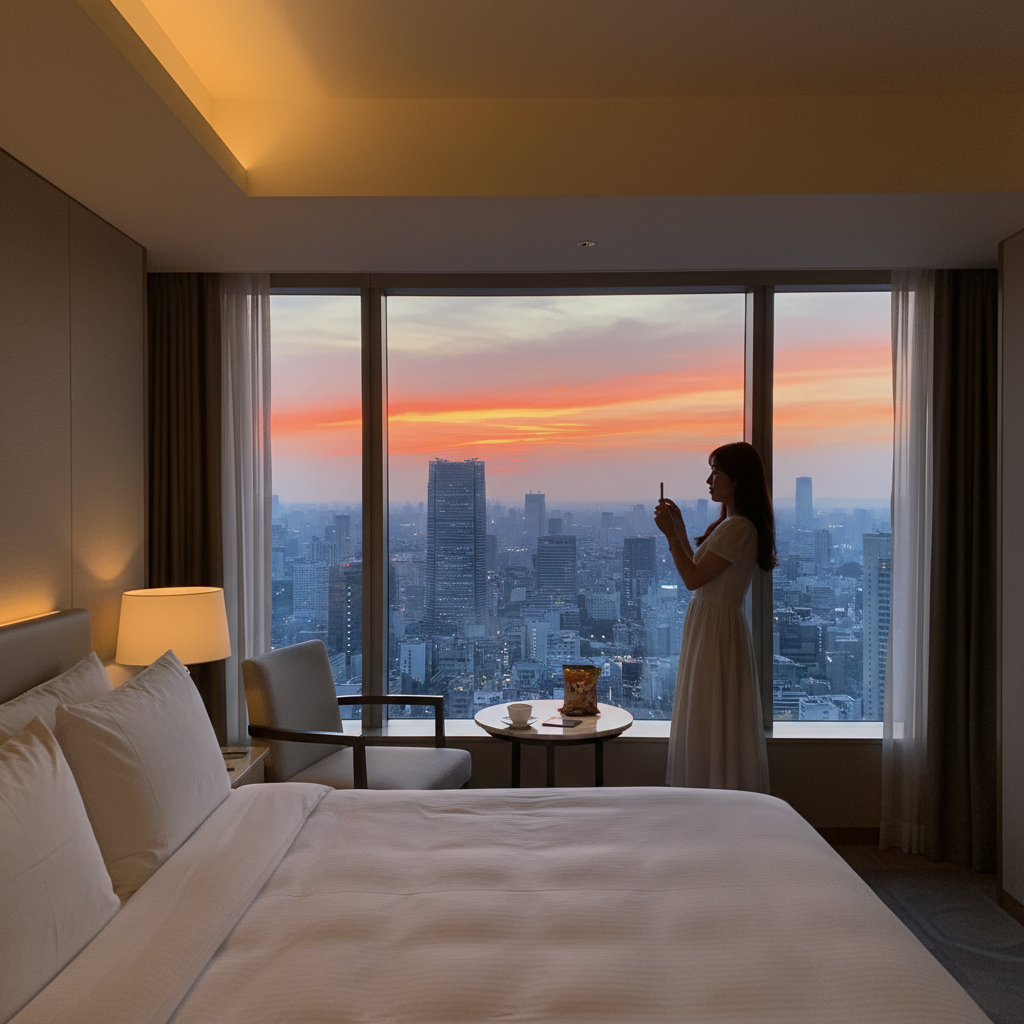 넓은 통창으로 도쿄 시내가 한눈에 들어오는 고급스러운 호텔 객실